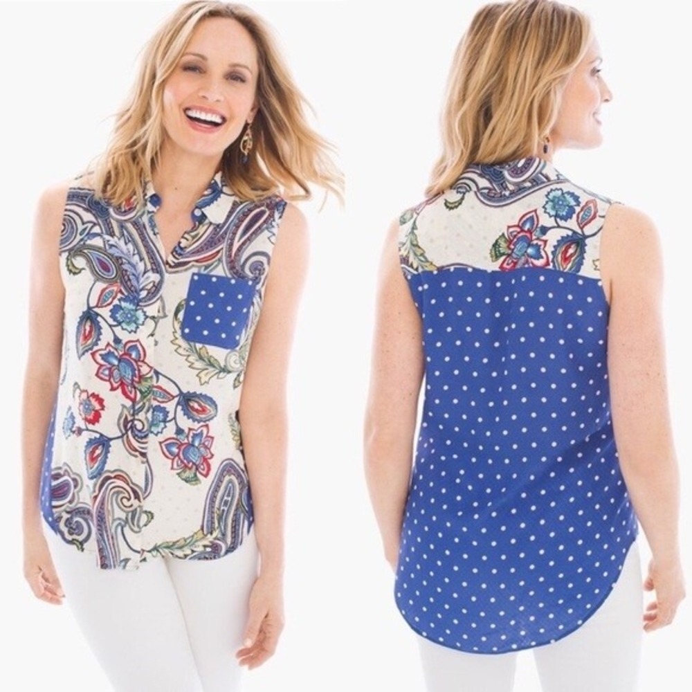 Chico's Sleeveless Shirt Paisley Polka Dot 0 Small Blue Women‎ Silk Blend Boho